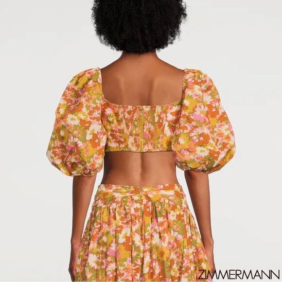 ZIMMERMANN Violet Twist Front Puff Sleeve Crop Top in Khaki Multi Floral - Picture 13 of 16